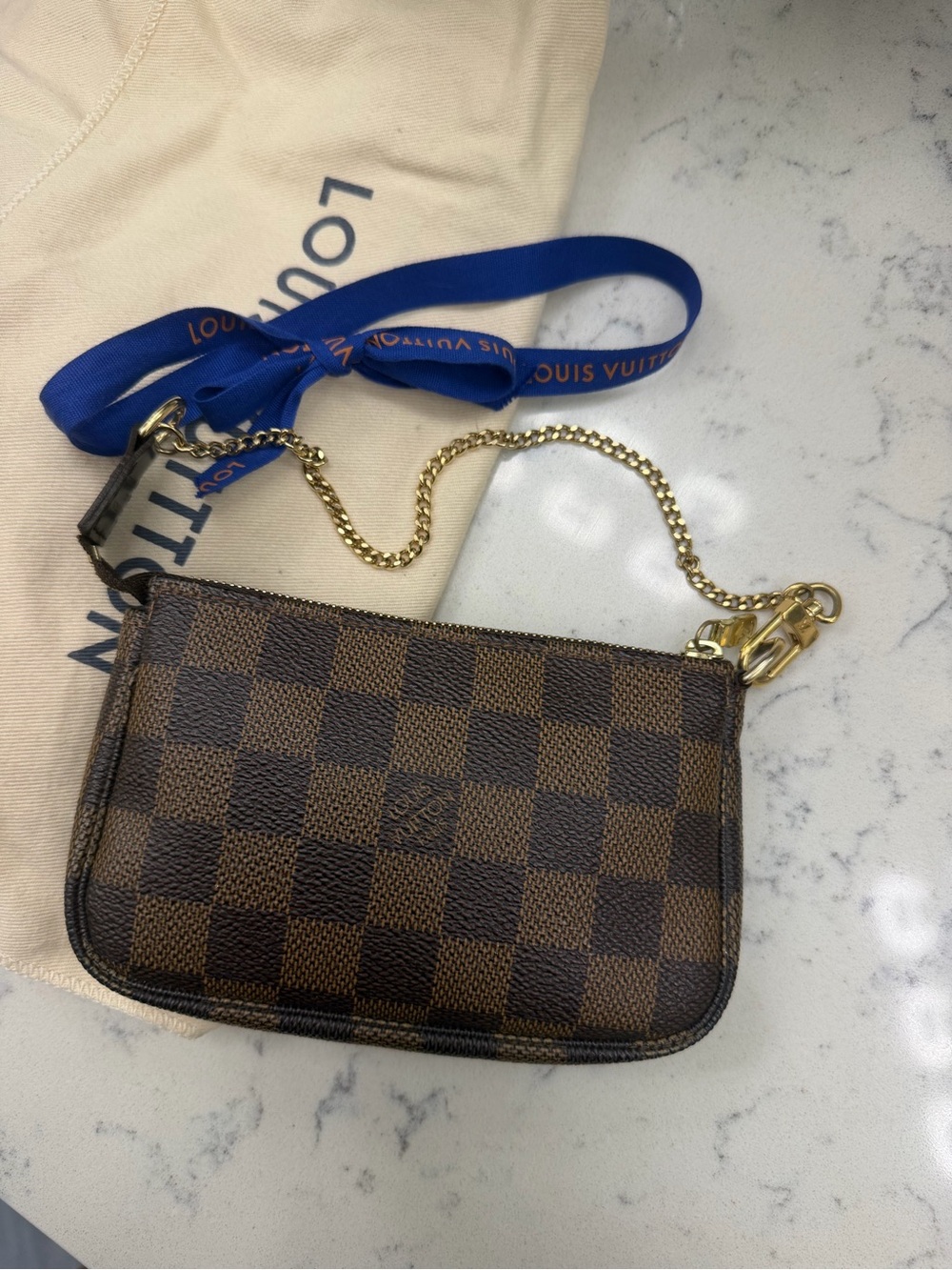 Louis Vuitton Brown Damier Ebene Mini Pouch with Gold Chain
